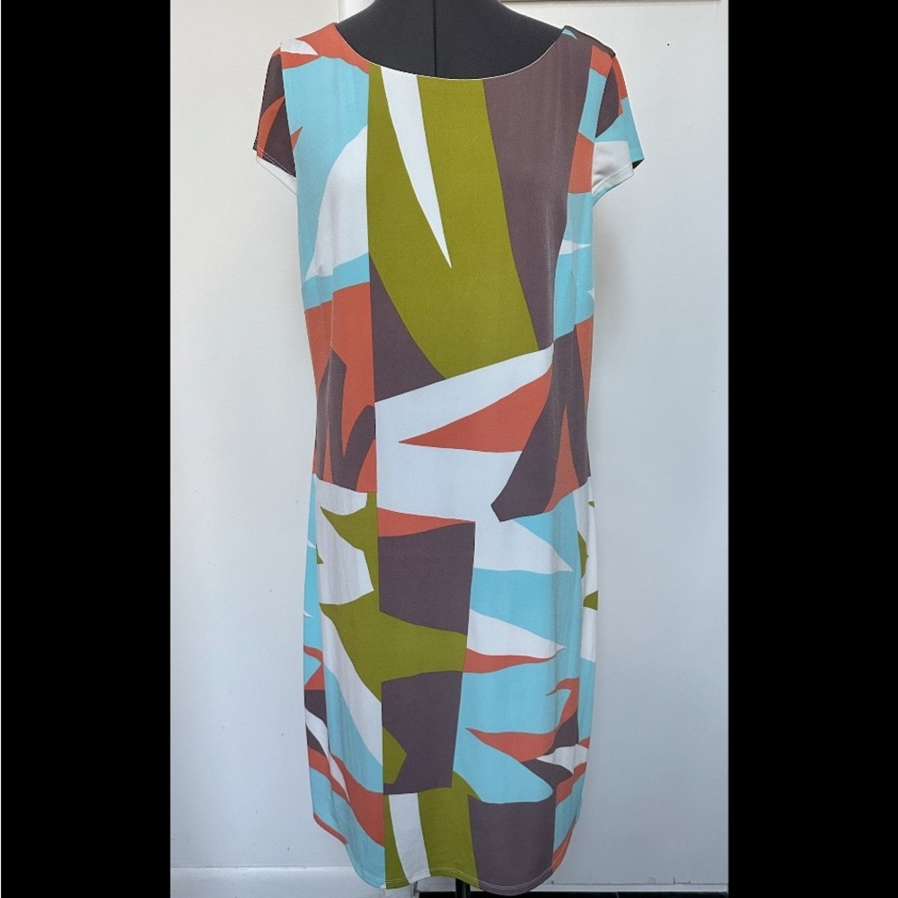 Nine West LADIES STRETCH KNIT SHIFT DRESS ABSTRACT ART BLUE GREEN CREAM LINED 14